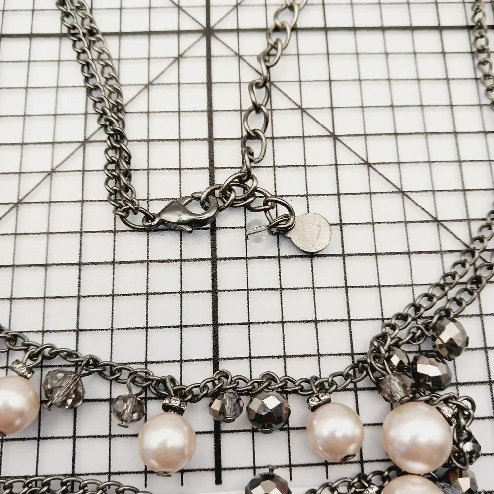 Necklace Chain Statement Faux Pearl Crystal Gunmetal Silver Tone Logo Charm 16